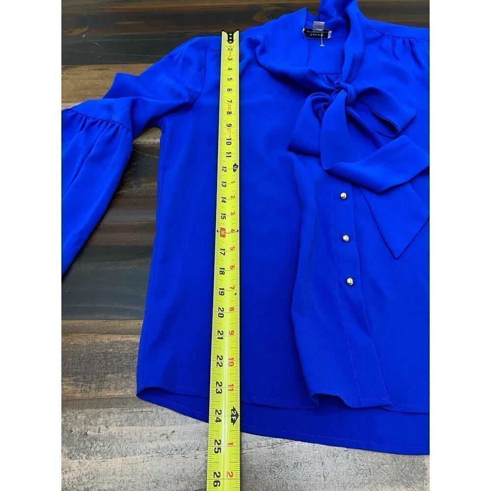 TAHARI Career Wear Bell Sleeves Button Down Front Tie Blouse Royal Blue Size S - Picture 7 of 8